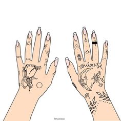 two hands with tattoos on their fingers