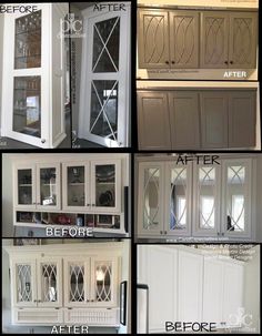 the before and after pictures of an old kitchen cabinet door with glass inserts on it