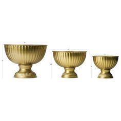 three brass bowls are shown with measurements for each one