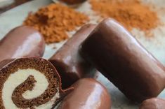 some chocolates and powdered sugar on a table