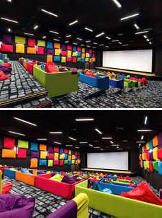 two pictures of brightly colored couches in front of a projector screen and on the wall