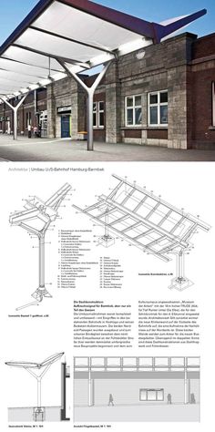 an architectural drawing of a building with blueprints on the front and back sides