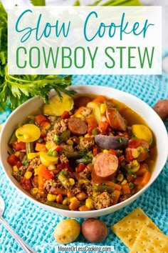 a bowl of slow cooker cowboy stew next to crackers and parmesan cheese