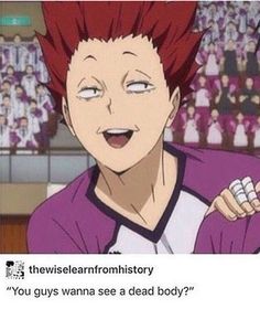 an anime character with red hair and blue eyes in front of a stadium full of people