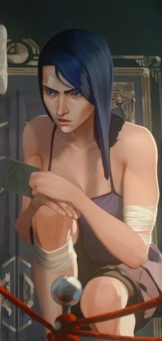 an animated image of a woman with blue hair