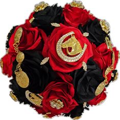 red and black roses with gold accents are arranged in a round arrangement on a white background