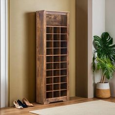 a wooden bookcase sitting on top of a hard wood floor next to a potted plant