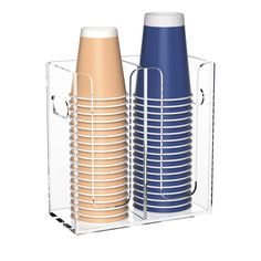 two different colored cups are in a clear holder on a white background, one is blue and the other is beige