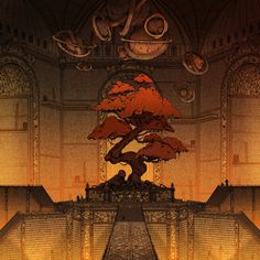 a painting of a bonsai tree in an ornate room with gold and red lighting