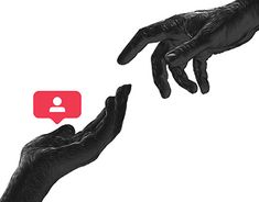 two hands reaching out towards each other with a red speech bubble in the middle of them