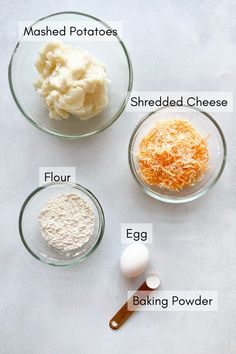 the ingredients to make mashed potatoes are shown in bowls