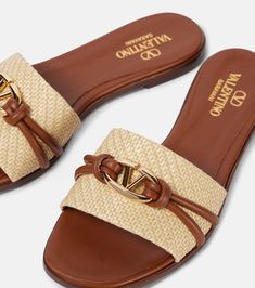 VLogo raffia-trimmed leather slides in brown - Valentino Garavani | Mytheresa V Logo, Shoes Hack, Valentino Garavani Shoes, Shoes World, Beautiful Sandals, Cute Nikes, Cute Sandals