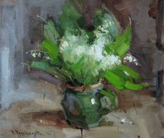 a painting of white flowers in a green vase