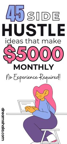 a cartoon character sitting at a desk with the words, 45 side hustle ideas that make