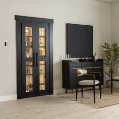 a living room with two chairs and a cabinet