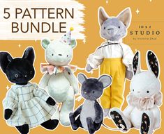 the 5 pattern bundle includes stuffed animals in different styles and colors, including one with a bow tie