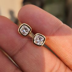 Luxury Gold Diamond Earrings With Bezel Setting, Bezel Diamond Earrings, Gold Earrings With Bezel Setting For Anniversary, Gold Round Earrings With Bezel Setting, Formal Gold Bezel Set Earrings, 14k Gold Bezel Set Earrings For Anniversary, Bezel Set Diamond Earrings, Cushion Cut Earrings, Cushion Earrings