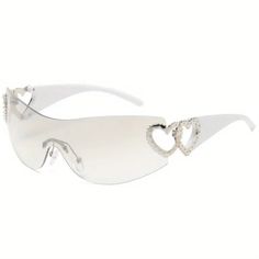 Silver & White One-Piece Gradient Lens Glasses Heart Design Hollow Temple Eyewear White Y2k Sunglasses, Y2k Wishlist, Kawaii Sunglasses, Y2k Glasses, Silver Glasses, White Glasses, Fake Glasses, Prom Eye Makeup, Crystal Sunglasses