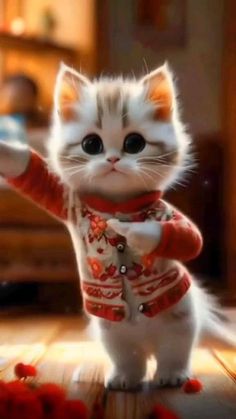 a white kitten wearing a red sweater and pointing at something with its paw in the air