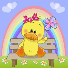 a cartoon duck sitting on a bench with a bow in her hair and a flower in her hair