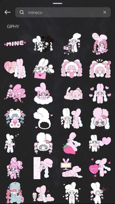 pink and white stickers on a black background