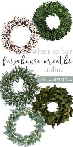 three wreaths with the words where to buy farmhouse wreaths online on top and below