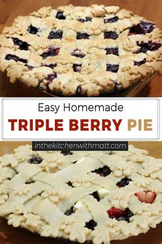 an easy homemade triple berry pie is ready to be eaten