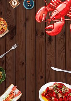 a table topped with plates of food and lobsters on top of wooden planks