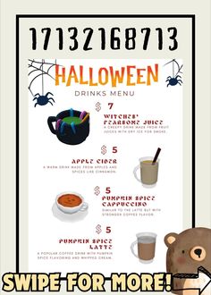 a menu for halloween drinks with an image of a teddy bear