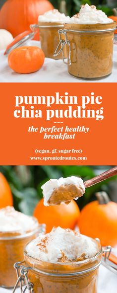 pumpkin pie chia pudding in a glass jar with whipped cream on top and an orange background