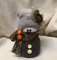 a stuffed animal wearing a knitted hat and scarf with oranges on it's head