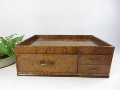 a wooden box sitting next to a potted plant on a white surface with no one in it