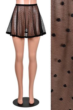 Mannequin wearing 14" long sheer flared black polkadot mesh micro mini skirt. Polkadots are about 1/4 inch wide and spaced about 1 inch apart. Black Mesh Mini Skirt For Night Out, Black Mesh Mini Skirt For Party, Sheer Mesh Mini Skirt, Fitted Mesh Skirt, Mesh Mini Skirt For Party, Black Mesh Fitted Mini Skirt, Fitted Black Mesh Mini Skirt, Party Mesh Mini Skirt, Mesh Mini Skirt For Night Out