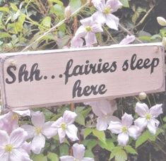 a wooden sign that says, shr fairies's sleep here surrounded by flowers