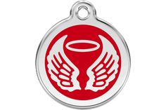 a red and white round dog tag with angel wings on the front, in an oval shape