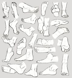 a bunch of feet that are drawn in different positions and sizes, including the top one with