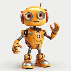 an orange robot with big eyes and headphones is standing in front of a white background