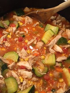 a pot filled with chicken and vegetables next to a wooden spoon