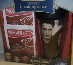 the twilight saga breaking dawn travel mug is in its original packaging, and it's ready to be shipped