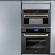 two ovens side by side in a stainless steel and black kitchen with gold trim