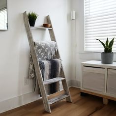 a ladder leaning up against a wall next to a potted plant on a shelf