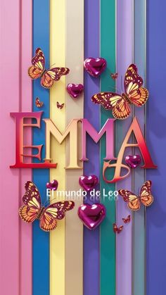 the word ema surrounded by butterflies on rainbow striped background with multicolored stripes