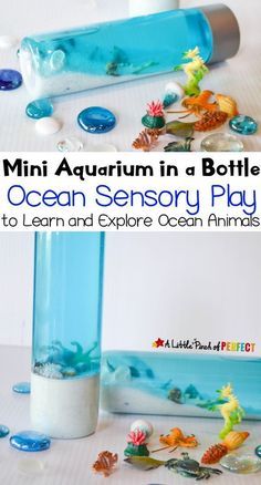 a bottle filled with water and sea animals next to an ocean scene play set for kids