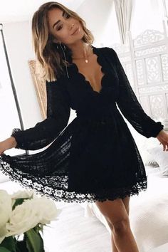 LS0170,short black long sleeves v-neck fashion dress,applique lace tulle homecoming dress,school event dress on Storenvy Women Sundresses, Formal Ball Gown, Black Lace Shorts, Easy A, Closet Goals, Homecoming Dresses Black, Short Homecoming Dress, Lace Homecoming Dresses, Black Short Dress