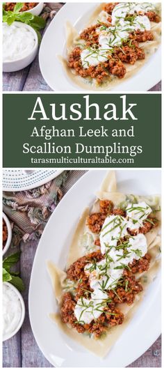 two plates with food on them and the words, ausshak afghan leek and salmon dumplings