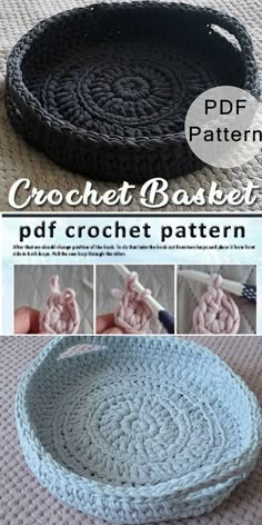 the crochet basket pattern is shown with instructions to make it in two different colors