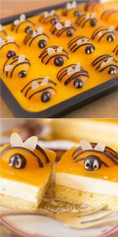 there is a cake with eyes on it and yellow icing in the shape of bees