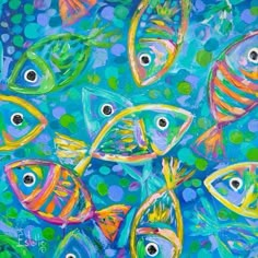 an abstract painting of fish swimming in the ocean with bubbles and dots on blue background