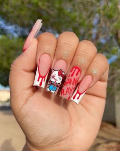 Paznokcie Hello Kitty, Hello Kitty Nail, Kitty Nail, Holloween Nails, Long Acrylic Nail Designs, Colored Acrylic Nails, Girly Acrylic Nails