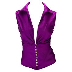 Versace 2000s, Purple Satin Top, Versace Clothes, Audrey Marnay, Versace Top, Christian Dior Haute Couture, Versace Couture, Purple Outfits, Donatella Versace